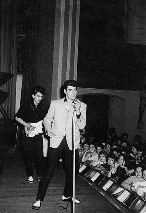 George Harrison (aka Carl Harrison for this tour) onstage backing Johnny Gentle at Alloa Town Hall, 