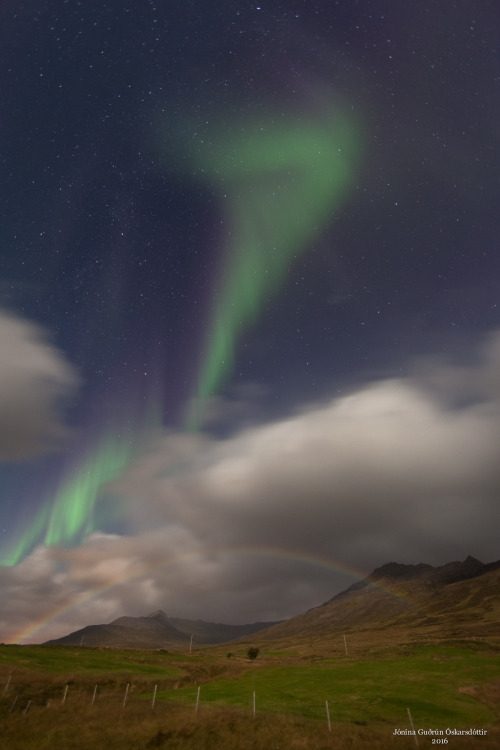Fáskrúðsfjörður, Iceland: Stars, Aurora Borealis, Moonbow. Photographed b