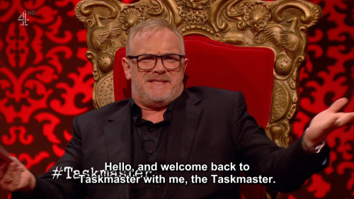 [ID: Three screencaps from Taskmaster. Greg Davies announces to the camera, “Hello, and welcom