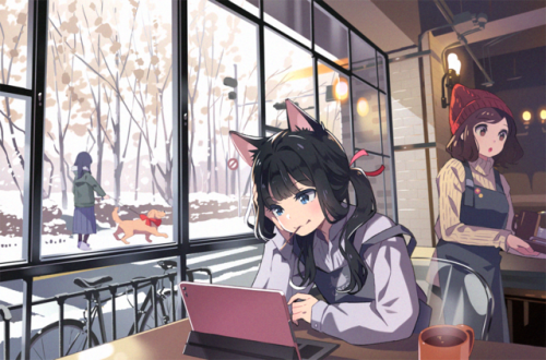 futureisfailed: (BF.さんのツイート: “전에 그렸던 가을 그림의 연작 느낌으로.. 겨울카페☺️☕️ 가끔 가는 카페가 있는데 검은 고양이가 항상 있는곳이예요