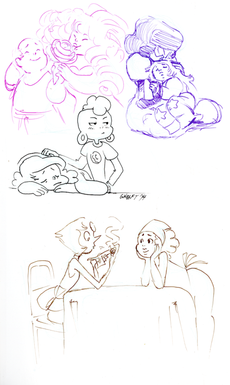 gemslashstashcache:  Shippy requests! Greg and Rose with an ice cream rose cone (because I’ve had the idea in my head forever), Gamethyst cuddles, Lars lending his jacket to an overworked/tired/sick Sadie, and Pearl making her first attempt at eating