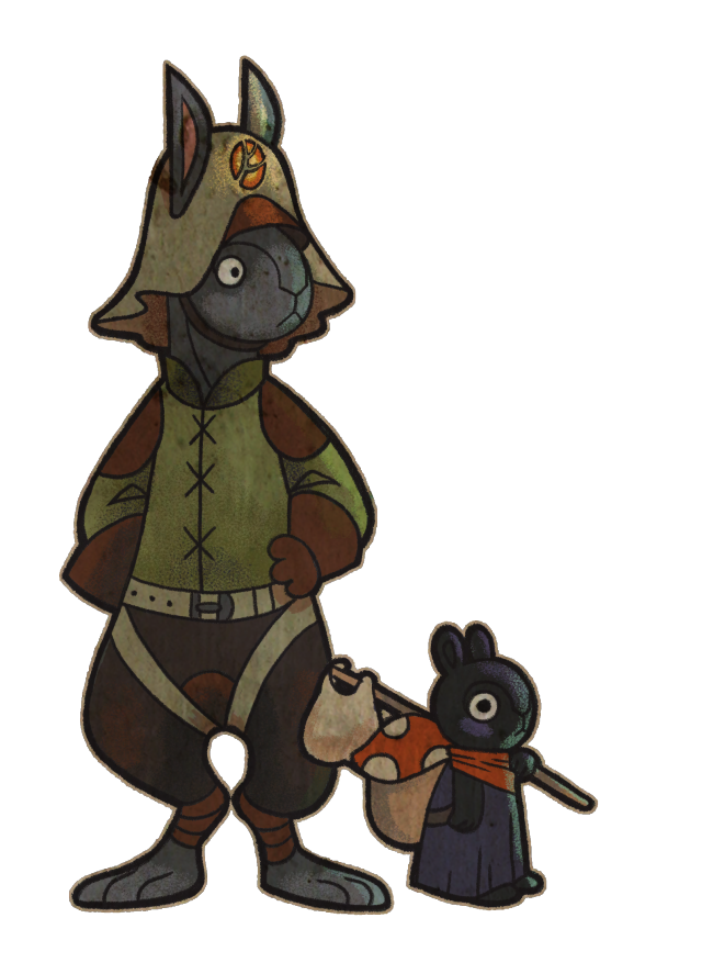 Two rabbits, one in a green uniform and helmet, and a tiny rabbit wearing a backpack