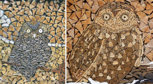 archiemcphee: The beautiful woodpile mosaic owls are the work of Gary Tallman, an 82-year-old Montan