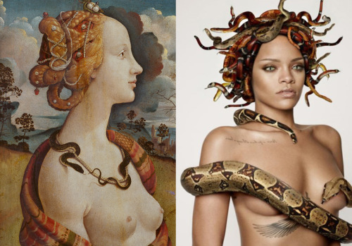 b4-16: Left: Portrait of Simonetta Vespucci Piero di Cosimo c. 1480 / Right: Rihanna for GQ Art Directed by Damien Hirst 