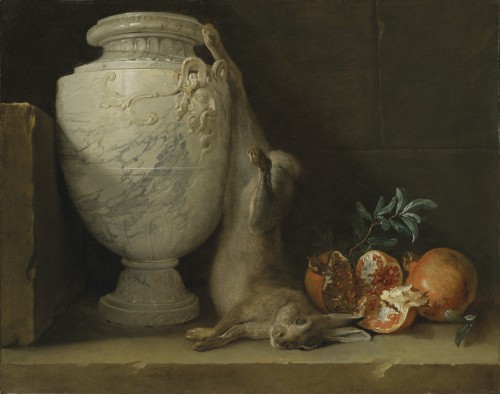 rubenista: Jean-Baptiste Oudry, A marble vase, a hare and pomegranates on a stone ledge, 1