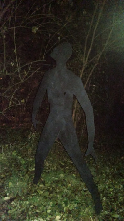 existentialterror: voidbat:  dolphinsjukebox:  Every Wednesday I walk a river walk trail from my work to rowing, and there’s this sculpture on the trail:  Pokemon Go affectionately refers to it as “The Hollow Man”, and it’s kind of cool on it’s
