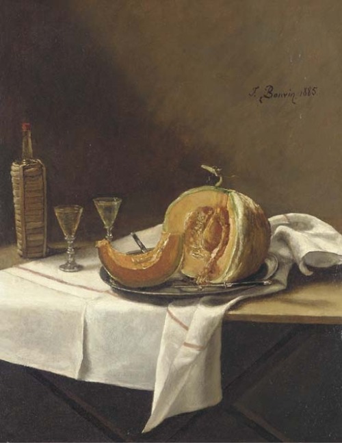 François Bonvin (1817 - 1887)Nature morte avec un melon, une bouteille de vin et un verre sur une ta