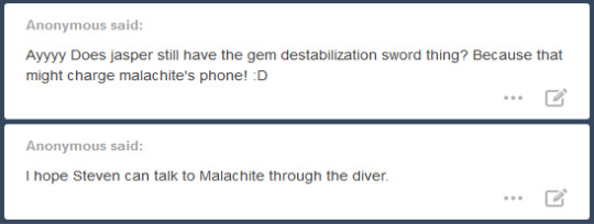 Anon answers under the cut! If you asked me an anonymous question between Thursday and now, the answer is likely right here.Let’s start with Malachite Sadness Corner Pt. 2Okay, I have a few points for y’all:There’s no need to be sad about Malachite