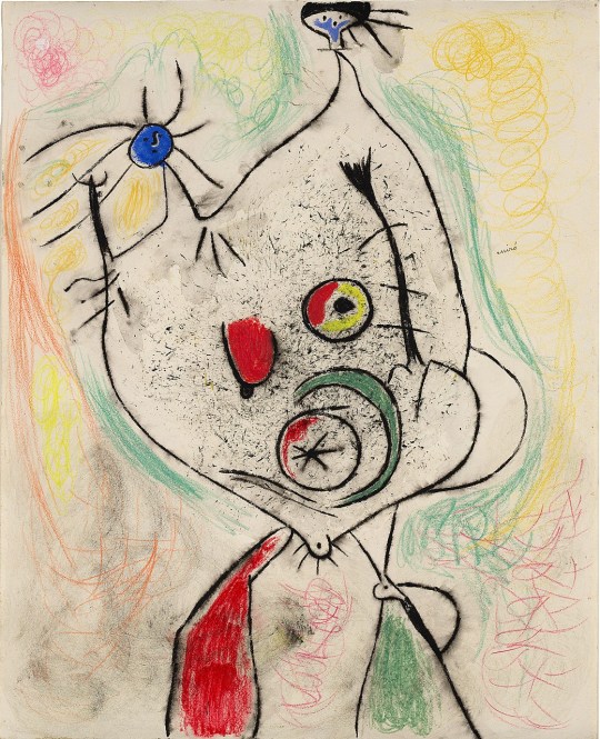contemporary-disquiet:Joan Miró, Two Figures and a Dragonfly (1936) and Woman Doing