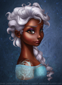 anako-art:Dark Elsa by Anako-ARTCollab with awesome juliajm15.tumblr.com! She drew exactly what I had wanted to paint for long time - Elsa with dark skin and white hair! :3 Here’s the original drawing: LINK.I’ll post a video process of it tomorrow!