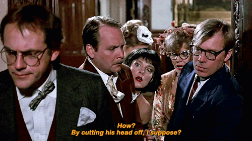 “Who’s there?”“Nobody. No body, that’s what we mean. Mr. Boddy’s body’s gone.” Clue (1985) dir. Jona