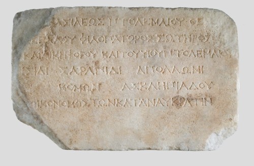 theancientwayoflife:~ Plaque with Greek dedication to Isis, Serapis and Apollo by Komon for the bene