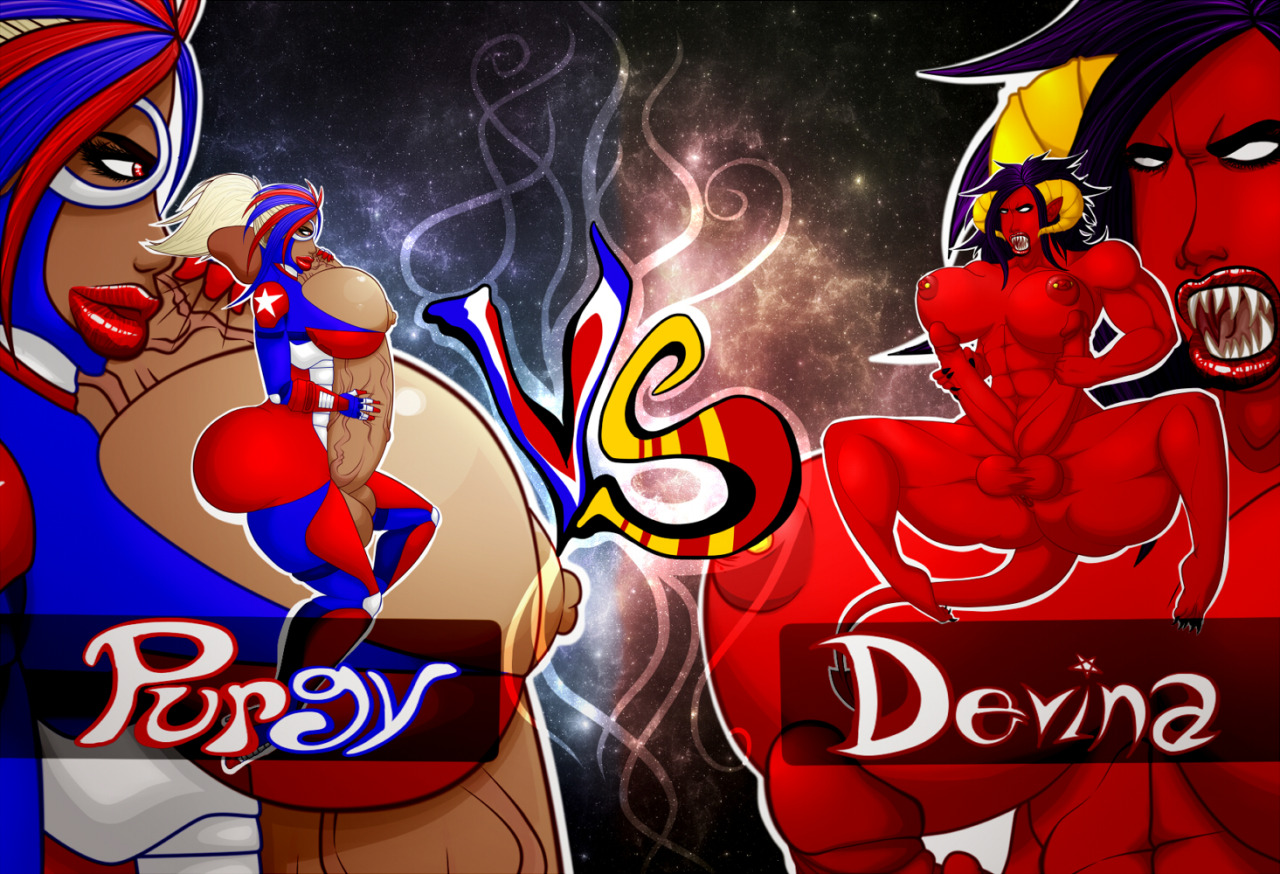 Cock Fight; Purgy VS. Devina  Our first contestant, Purgy! An American super hero,