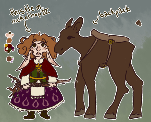 level 8 ranger/druid gnome, thistle !! and her animal companion, backpack, as a calf