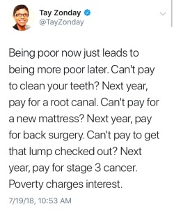 fullpraxisnow: “[I]t is actually more expensive to be poor than not poor. If you can’t afford the first month’s rent and security deposit you need in order to rent an apartment, you may get stuck in an overpriced residential motel. If you don’t