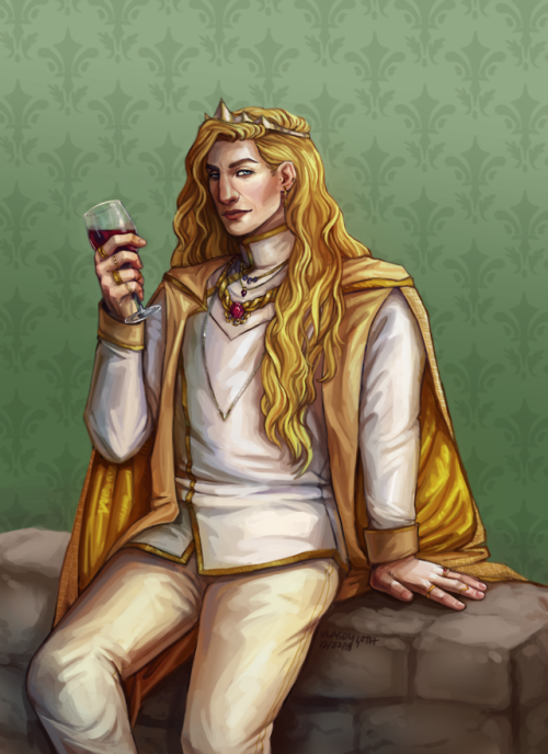 [ID: A digital painting of Samot, a man with pale skin and long blonde hair sitting on a grey s