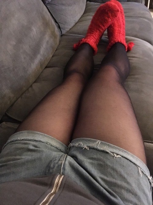 So I finally put some clothes on tights, denim shorts and a hoody perfect oh and my very sexy slippe