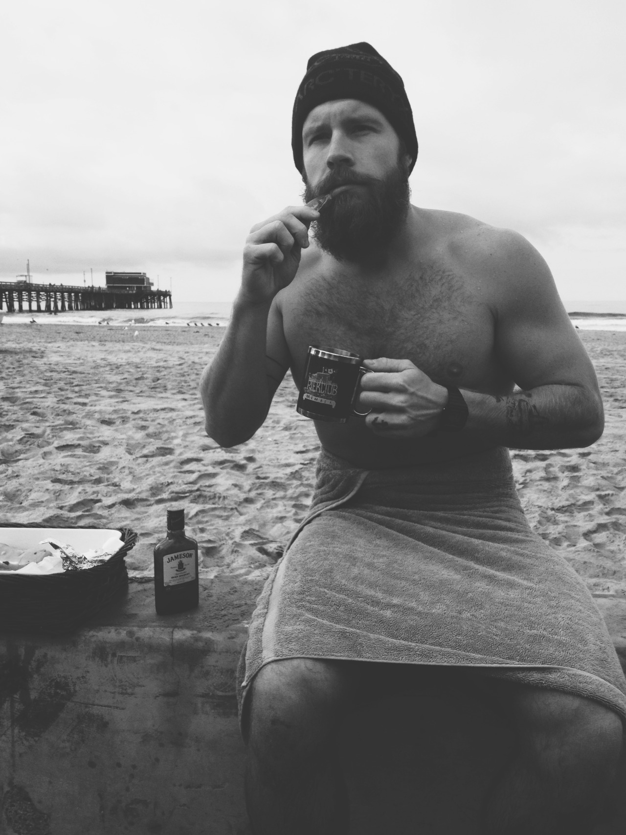 beardpornography:  post morning swim: jameson &amp; coffee, and bacon// 27, CA.
