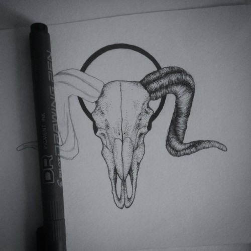 traumacandy:  Taking a little break from the comission I’m currently working on (which I will post up here once finished) to quickly finish this cute little dotwork ram skull.