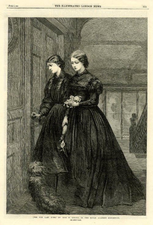 leirelatent:gdfalksen:Two young women holding flowers stand outside a closed door, one holds the doo