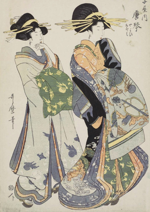 Karakoto and Kamuro.  Ukiyo-e woodblock print, about 1790&rsquo;s, Japan, by artist Kitagawa Utamaro