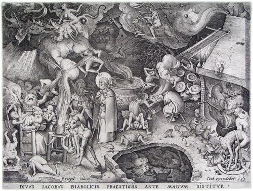 artist-bruegel:James the late emperor of the Devil is stopped the illusions of a magician, 1565, Pie