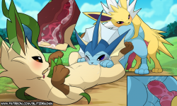 blitzdrachin: Patreon: Gay Leafeon x Vaporeon x Jolteon Thank you very much for these who supported me on patreon to create lots of pics like this https://www.patreon.com/blitzdrachinBy pledging ŭ on July you will get:18 Comic pages of “Dragon Lessons
