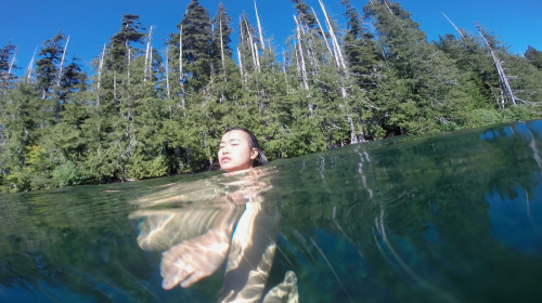 Cacia Zoo and I found Lost Lake to be unexpectedly warm, so we went for a good long swim. Mt. Hood N