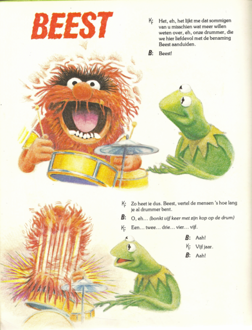 Kermit meets Animal. Scan from my old, medieval The Muppet Show Book (1978).Each character’s name ha