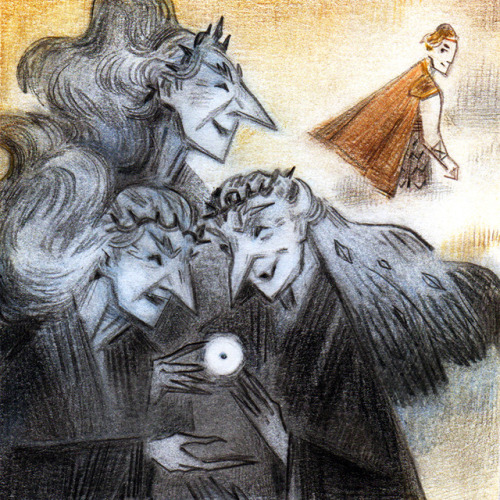 A 4 panel illustration for the story of Perseus and the Graeae. 