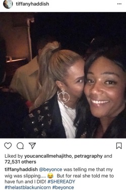 fuckrashida:  Beyoncé a real one for making sure Tiffany’s wig was secure