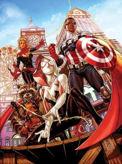 bear1na:Secret Wars variant cover - Spider-Gwen, All New Captain America, Captain Marvel, and Rocket Raccoon by Mark Brooks *