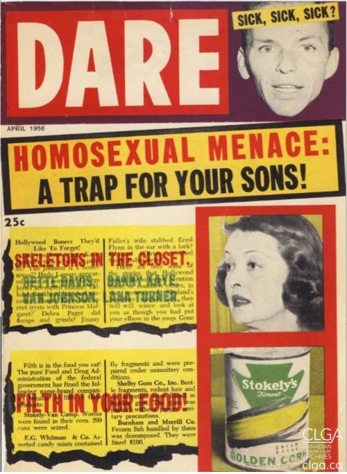 canadianlesbianandgayarchives:“Homosexual Menace: A Trap For Your Sons!” DARE magazine, 1956. clga