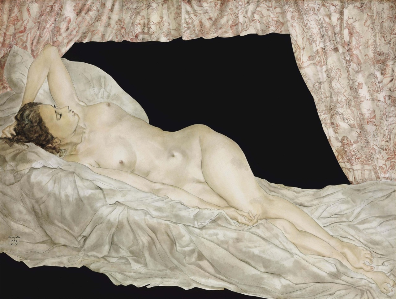 sulphuriclike: Leonard Tsuguharu FoujitaNu allongé à la toile de Jouy1949