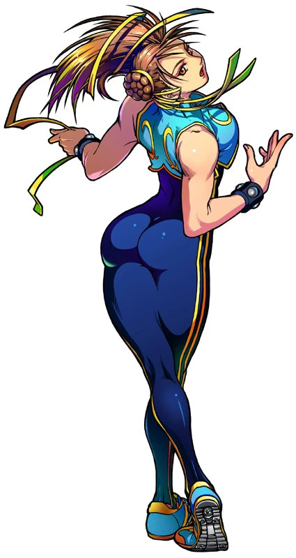 image from "Street Fighter: Mouse Generation" showing Chun-Li in her Street Fighter Alpha outfit (tight athletic pants and tight light blue top) outfit standing with her legs crossed behind her, her butt facing the audience viewpoint and her back bent backwards so we can see the tops of her breasts and her head looking back at us