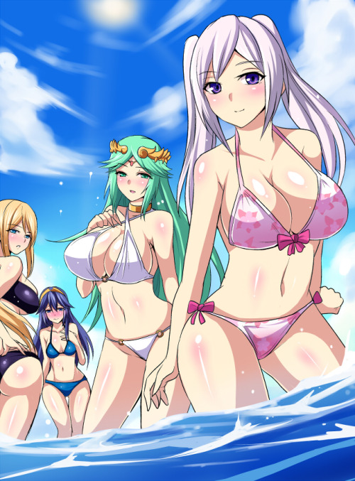 thespookyfeetsenpai:   Lucina’s cheeks were red when she blurted out, “I’m not embarassed.. I’m ju-..” But Palutena interupts. “It’s okay. Yours might not be as big as ours, but small perky tits are nice, too!”  戦士たちの休息 ||