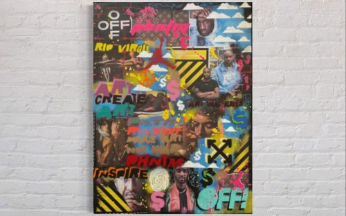 “VIRGIL.” 40 x 30 x 1in depth  Acrylic,spray paint, collage DM for pricing!  Taking orde