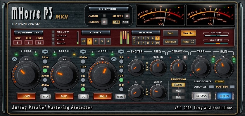 herrkaschke:
“MHORSE P3 Parallel Mastering Processor 2.0 - VST Freeware. Windows only.
Functions:
* Full Bypass.
* EQ Bypass.
* In/Output -3dB option.
* 3 parallel parametric (serial) equalizers.
* 6 Q bandwidth settings per band.
* 4 freq. for low,...