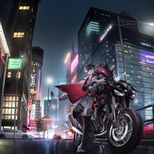 Illustration of Wriothesley leaning back against his motorcycle, which is large and black and has melusine stickers on the front. City buildings rise up around the street he stands on, windows and billboards lighting up the night sky in multicolored hues.