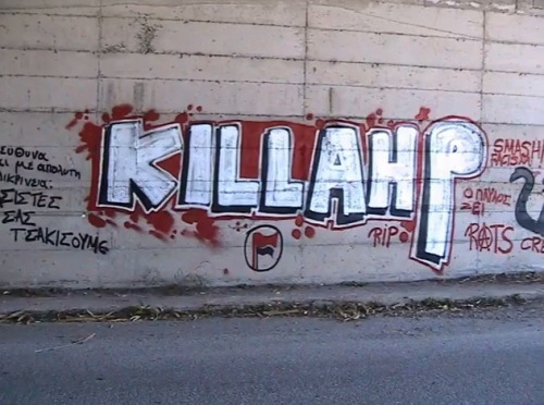 Memorial graffiti for antifascist rapper Killah P / Pavlos Fyssas who was murdered by a gang of Gold