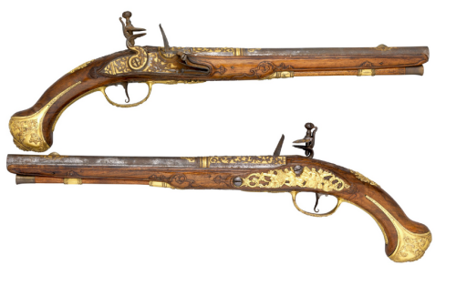 Gold decorated flintlock pistol originating from Liege, Belgium.  Crafted by Phllippe Desellier