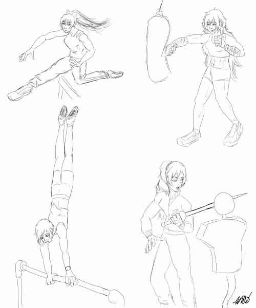 Team RWBY workout doodles that I will color later. I imagin that this is what they do to keep in shape when they’re not destroying Grimm.