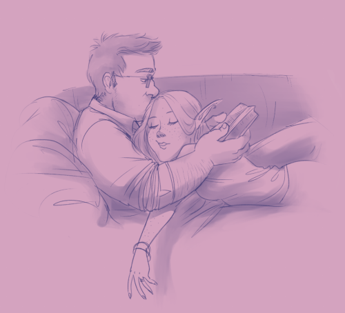 tazdelightful:[ID: A soft digital sketch of blue tones on a muted pink background. Barry, a human ma