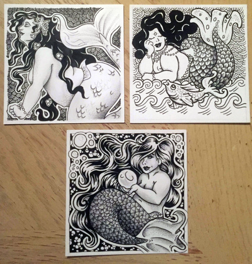 pinkrocksugar:fat mermaids! each drawing is on a 4x4″ card stock tile. my gf and i doodle these duri