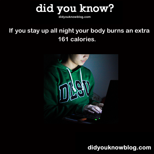 did-you-kno:
“If you stay up all night your body burns an extra 161 calories. Source
”
yes but if you don’t sleep you die so long skinny bitch