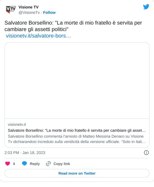 Salvatore Borsellino: "La morte di mio fratello è servita per cambiare gli assetti politici" https://t.co/41ktKXFdcQhttps://t.co/41ktKXFdcQ  — Visione TV (@VisioneTv) January 18, 2023