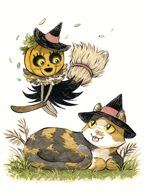 The Pumpkling witch zooms by her kitty companion! This drawing was a Kickstarter reward for supporte