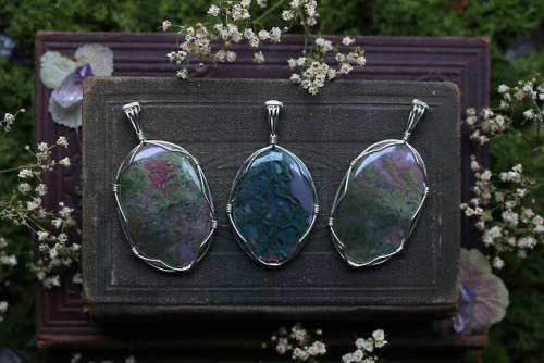 Beautiful moss agate, rainbow moonstone, labradorite and ruby + kyanite in fuchsite pendants are now