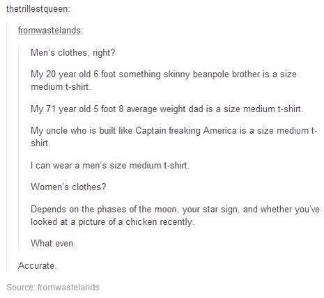 Rediscovering Misandry on Tumblr: [image: a tumblr post from  @fromwastelands​, that says:Men's clothes, right? My 20 year old 6 foot  something skinny beanpole