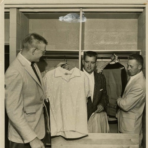 Move-in day at Mac, Sept 9, 1957. Wonder if there’s still a dorm with those same closets? #heymac #d